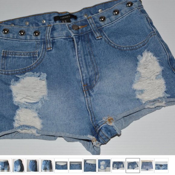 High Rise Studded Frayed Ripped Jeans  Shorts Hotpants Women sz 25 Forever 21 - Picture 9 of 11